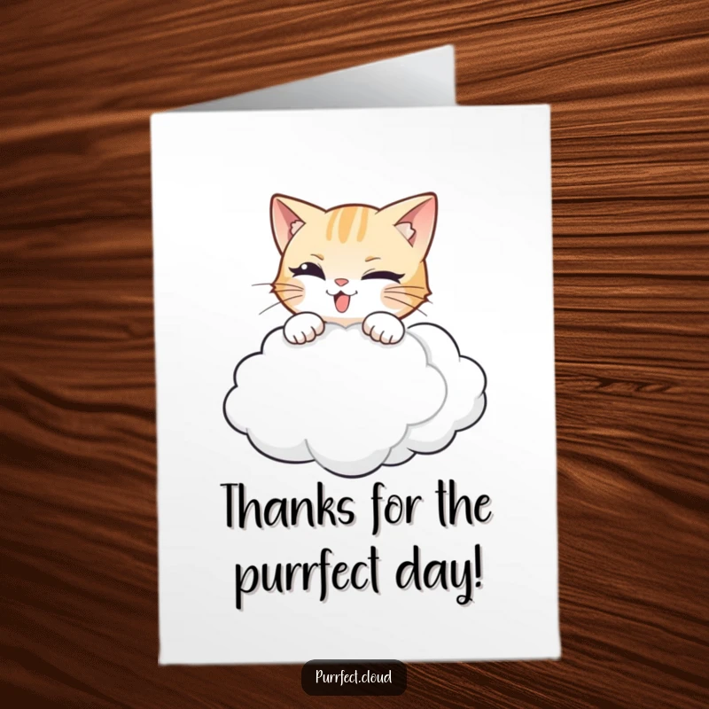 Funny Free Printable Thank You Card: Energetic cat diving onto a cloud, expressing thanks playfully.