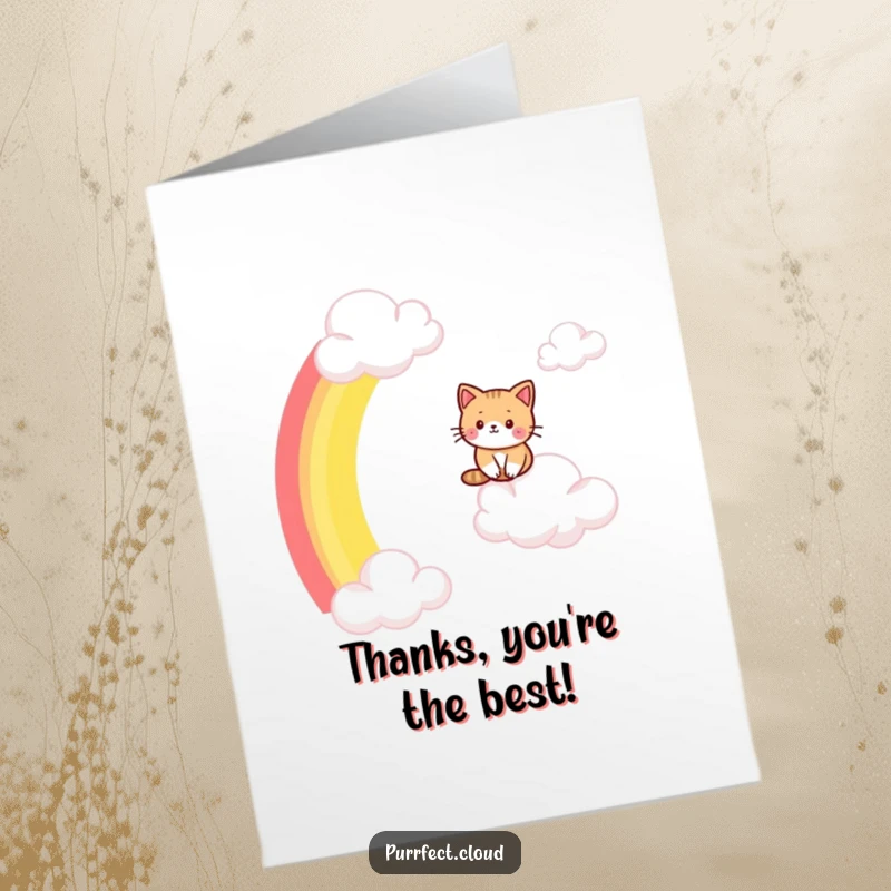 Funny Free Printable Thank You Card with a cat mid-slide down a rainbow arc between clouds, expressing thanks.