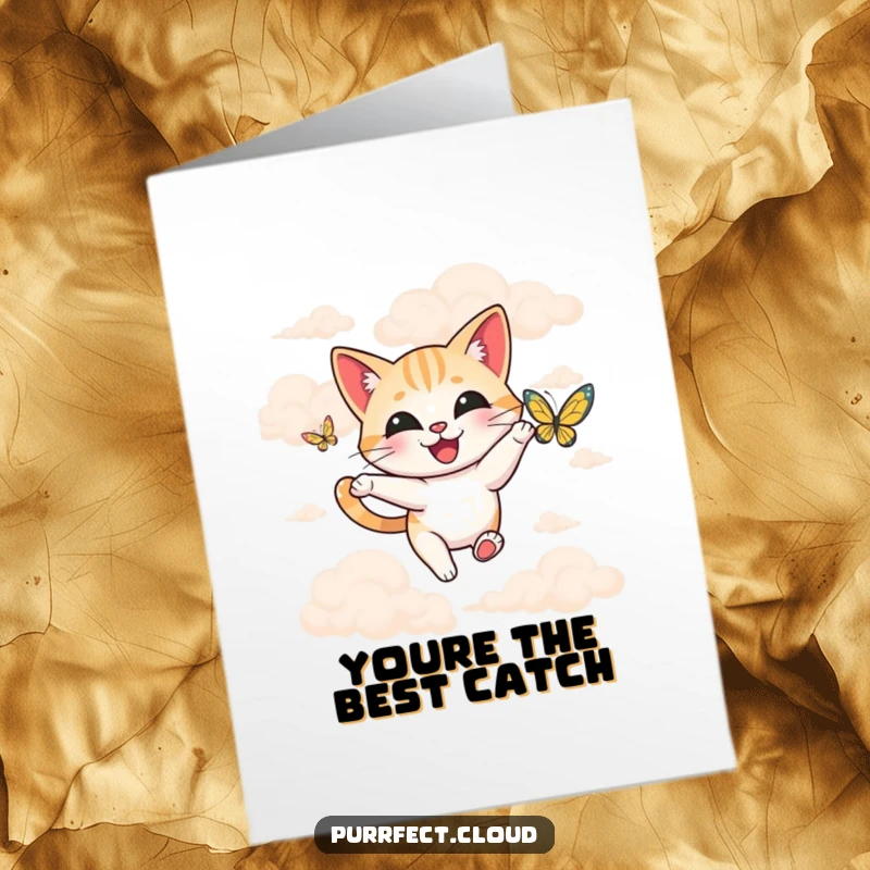 Funny Free Printable Thank You Card: A happy cat joyfully chases a butterfly against a backdrop of soft, airy clouds.