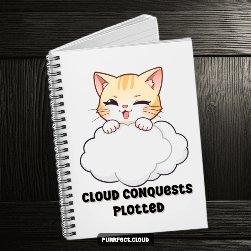 Funny cat notebook featuring a mischievous cat leaping playfully towards a soft, white cloud.