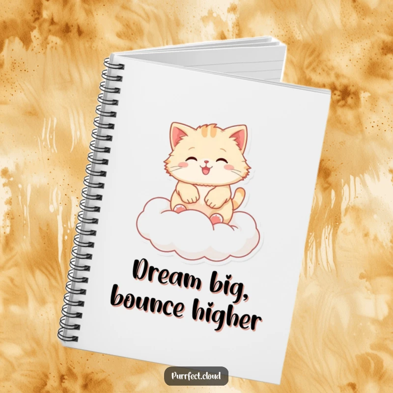 Funny fluffy cat notebook, featuring a happy cat bouncing playfully on a soft, white cloud.