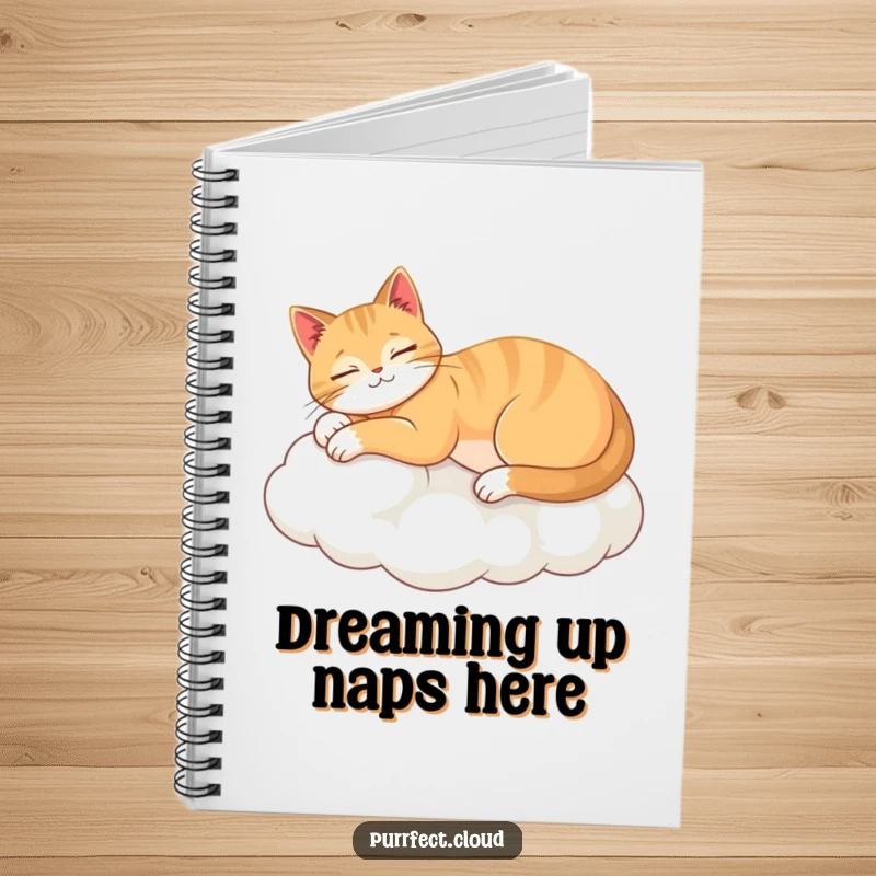 Funny notebook with a tranquil cat stretching on a cloud, ideal for jotting down thoughts with a humorous and relaxed feel.