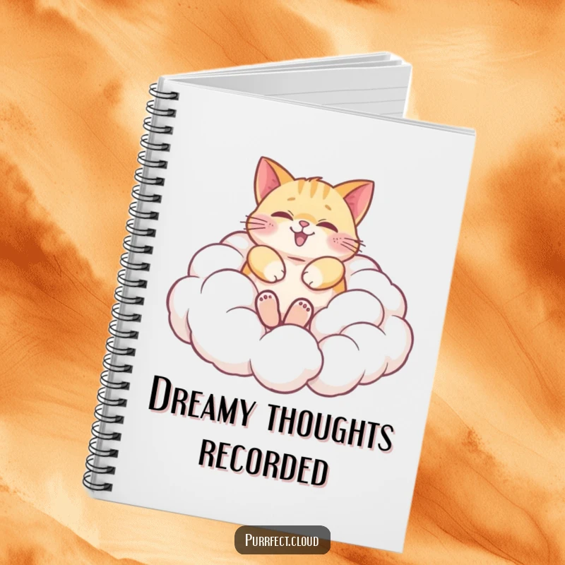 Funny notebook cover featuring a happy cat blissfully rolling in soft, fluffy clouds, symbolizing dreamy creativity and whimsical inspiration.