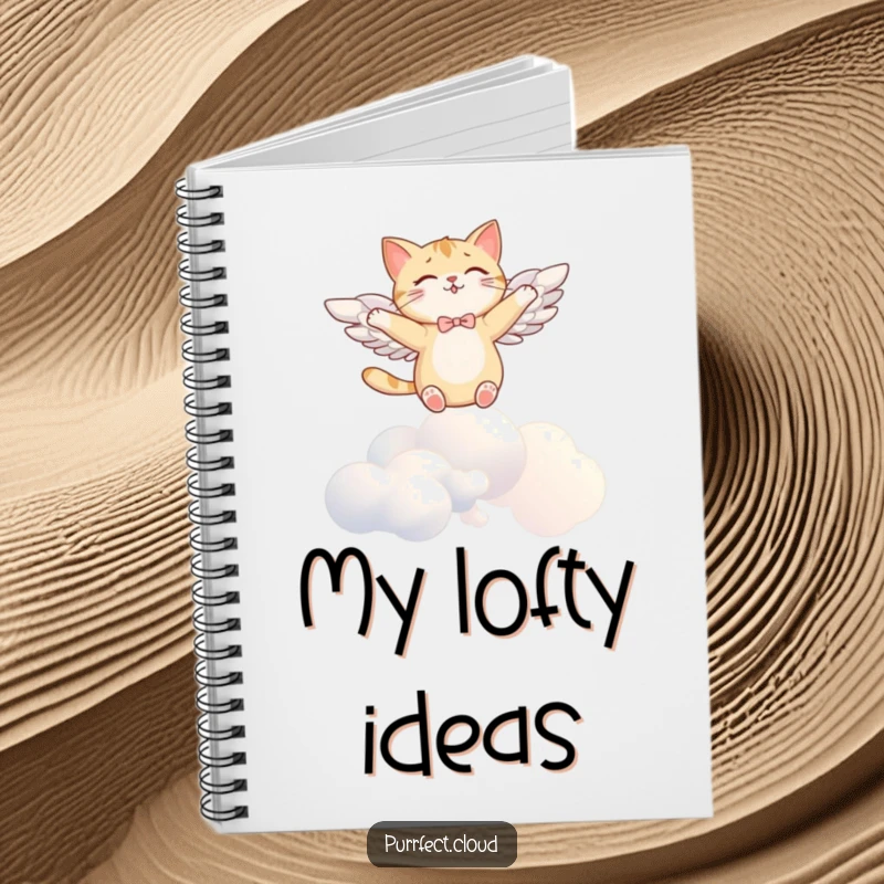 Funny angel cat notebook, with wings, soaring joyfully above clouds, perfect for jotting down creative ideas with humor.