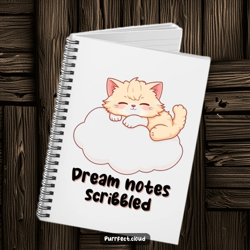 Funny cat notebook with a fluffy cat in a relaxed pose, lounging serenely on a soft cloud.