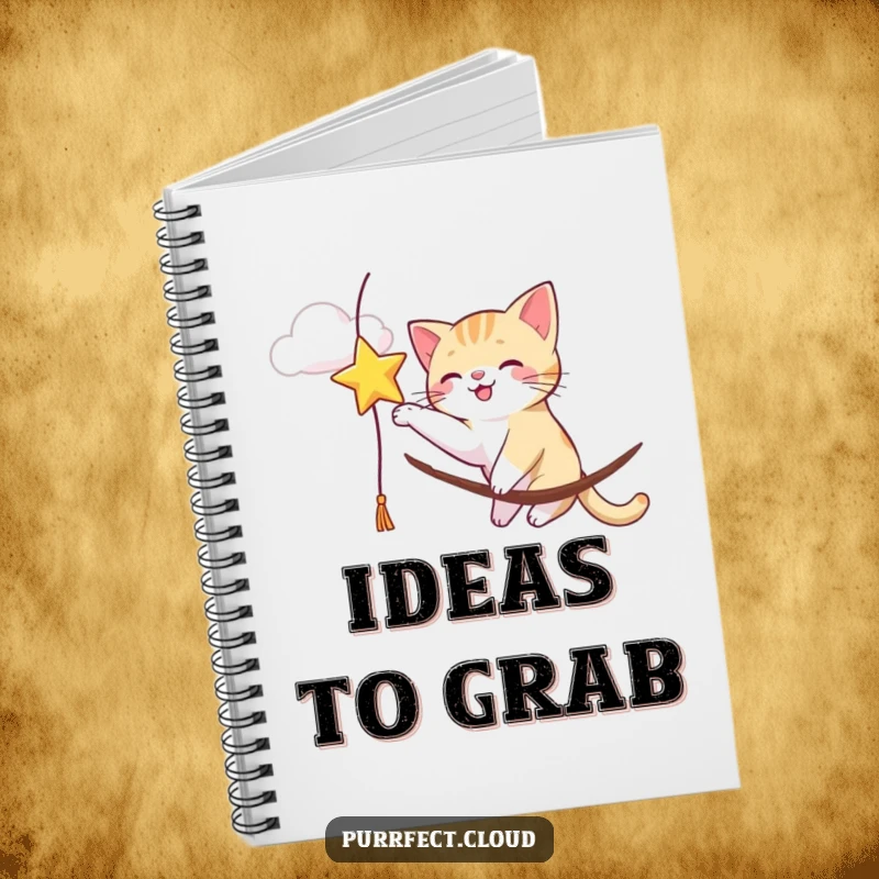 Funny cat batting at a dangling star from a cloud, inspiring creative writing in this humorous notebook.