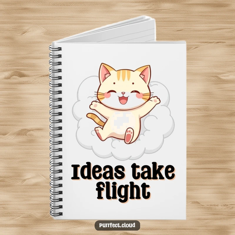 Funny jumping cat cloud notebook, showing a playful cat leaping through clouds, ideal for writing, drawing, and capturing joyful, lighthearted ideas.