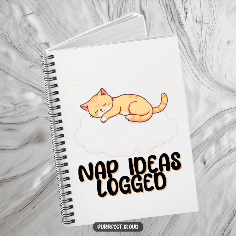 Funny napping cloud cat notebook, shows a cat comfortably asleep on a soft, large cloud.