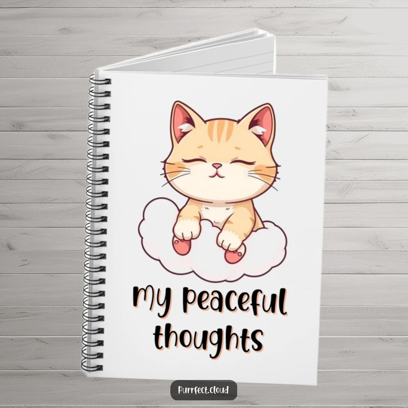 Funny cat notebook, with closed eyes, enjoying a cloud ride, ideal for jotting down tranquil thoughts.
