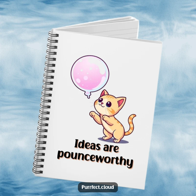 Funny notebook with a cat ready to pounce on a dream bubble, designed for jotting down ambitious ideas with humor.