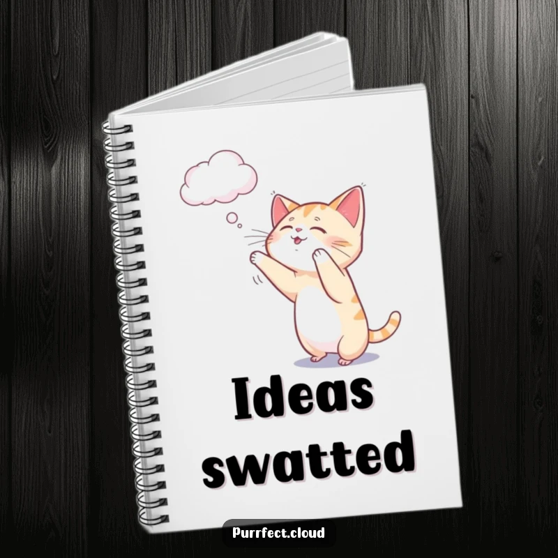 Funny cat notebook depicting a playful cat gently batting at a whimsical, wispy cloud.