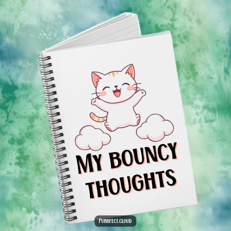 Funny notebook featuring a happy cat leaping between clouds, ideal for jotting down adventurous thoughts and creative ideas.