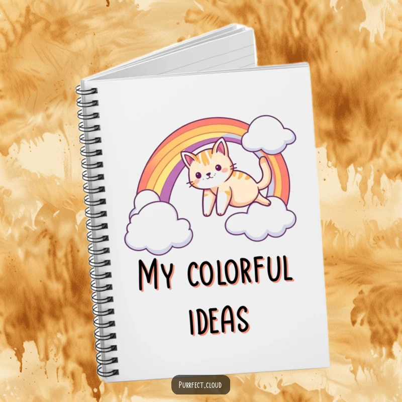 Funny notebook with a cat sliding down a rainbow arc, perfect for journaling magical thoughts and whimsical adventures.