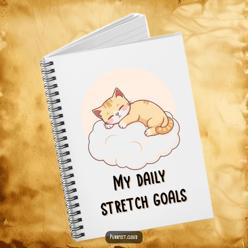 Funny Cat Cloud Notebook, a cat stretches on a pink cloud, content and relaxed, ruled pages for writing, cute gift.