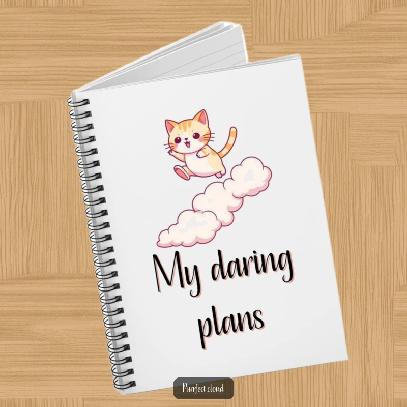 Funny cat notebook featuring a cat jumping between clouds with agility, perfect for planning, a motivational and funny gift.