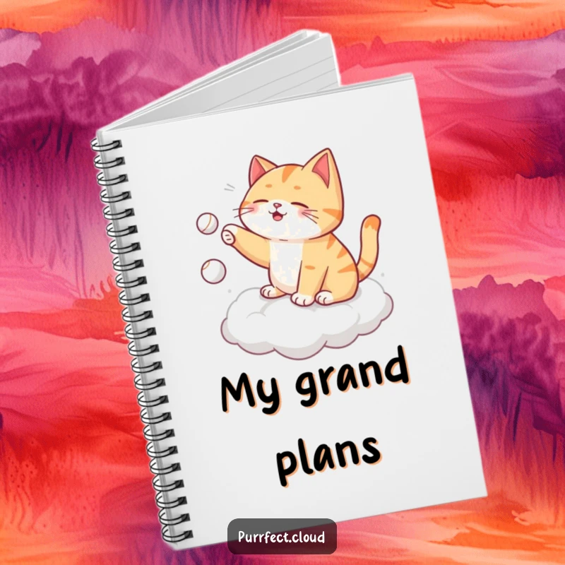 Funny cat notebook, playing fetch with itself on a cloud, tossing a tiny ball, ideal for jotting down creative ideas.