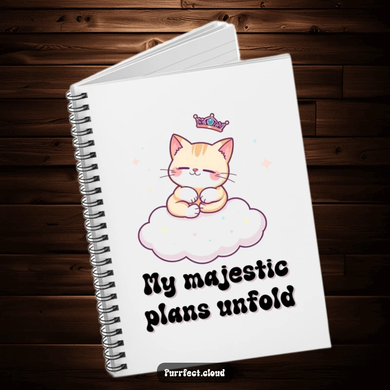 Funny regal cat notebook featuring a cat lounging regally on a cloud decorated with sparkles, perfect for jotting down elegant thoughts.