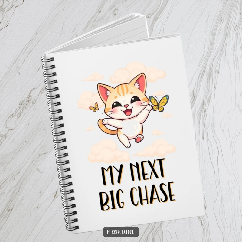 Funny happy cat chasing a butterfly through soft clouds, printed on a notebook for writing and drawing.