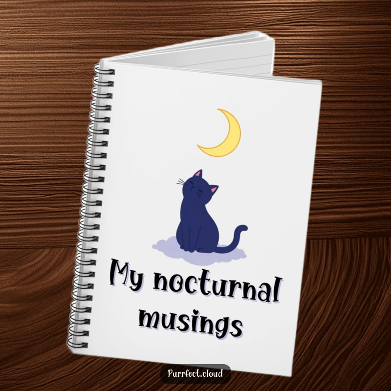 Funny cat silhouette notebook featuring a cat on a cloud looking up at a crescent moon, perfect for jotting down dreams and ideas.
