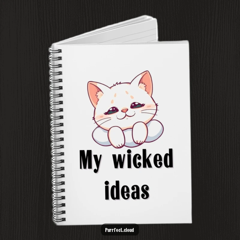 Funny notebook cover featuring a cat with a mischievous grin looking down from a cloud, symbolizing sly planning and playful ingenuity.