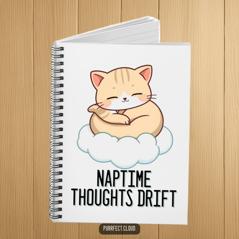 Funny notebook cover featuring a cat peacefully curled up, gently carried by a floating cloud, symbolizing serene creativity and calm inspiration.
