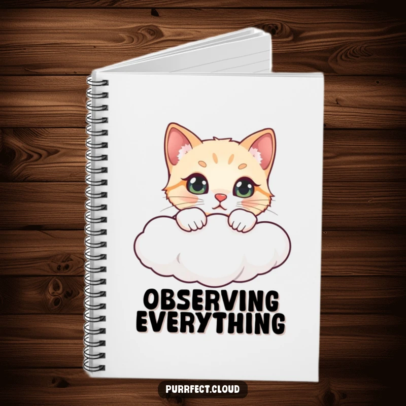 Funny notebook with a cat peeking over a cloud, designed for jotting down notes with a humorous feline twist.