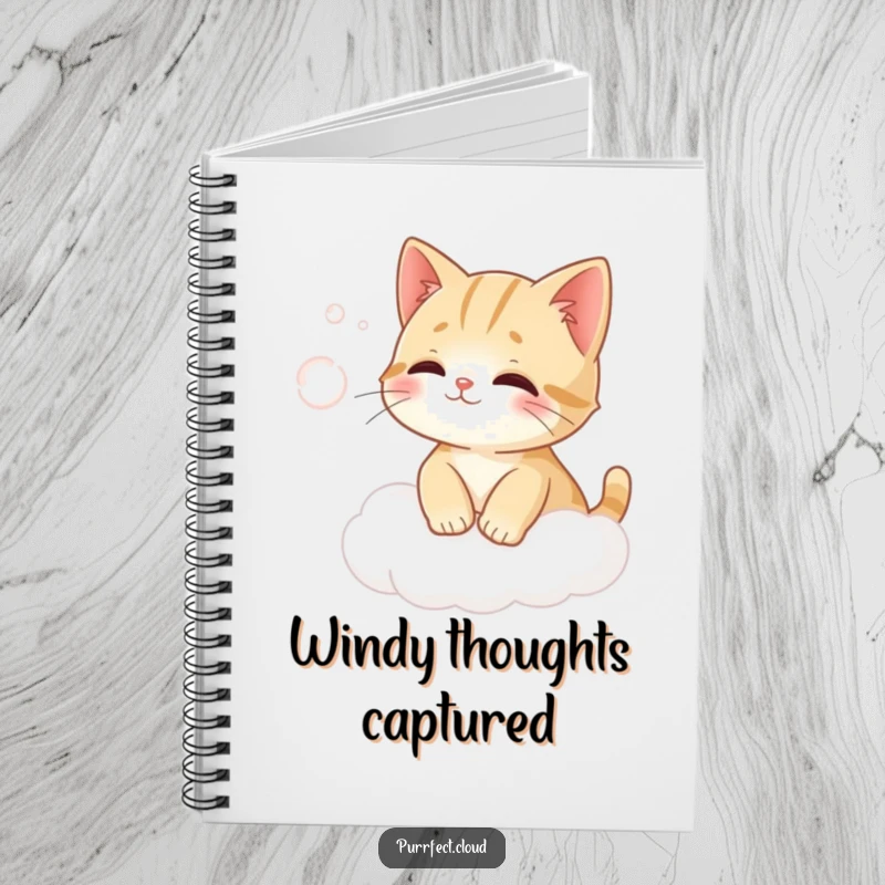 Funny cat on a cloud humorously trying to catch wind on the cover of a whimsical notebook.