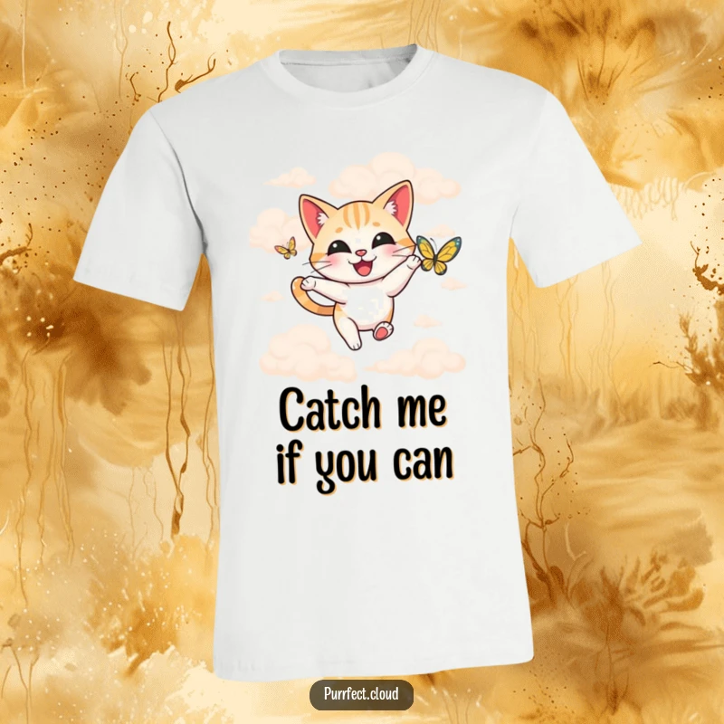 Funny happy cat joyfully chasing a butterfly among soft clouds, printed on a whimsical t-shirt.