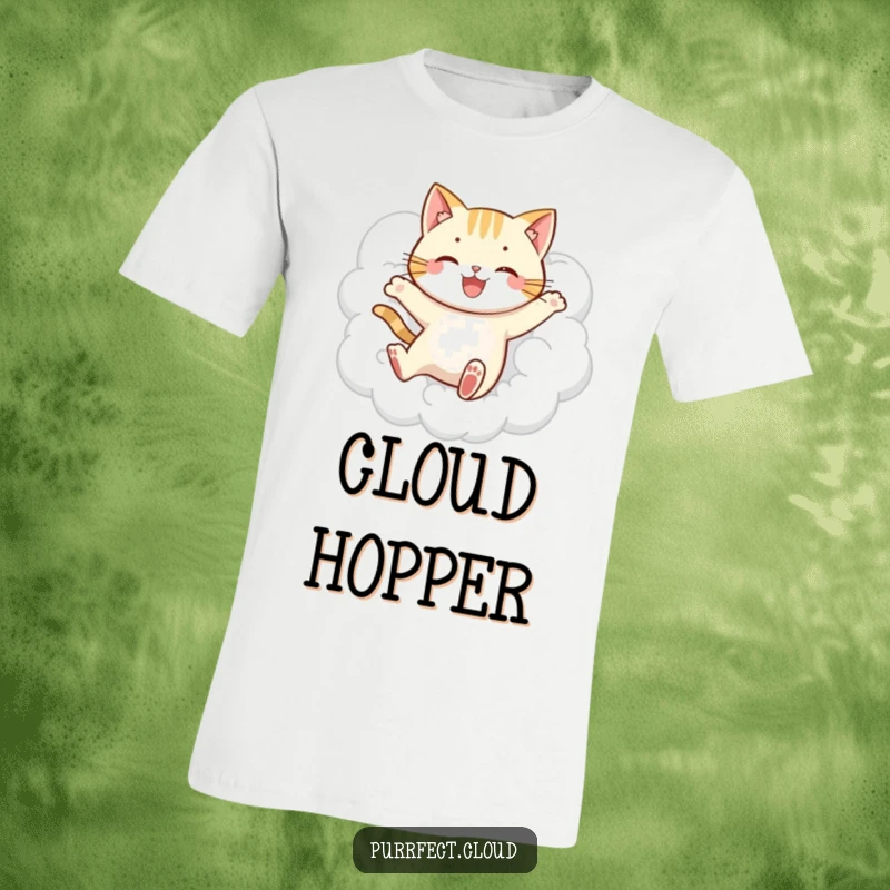 Funny jumping cat cloud t-shirt, depicting a playful cat mid-leap through fluffy clouds, a symbol of joy and freedom, a great gift.