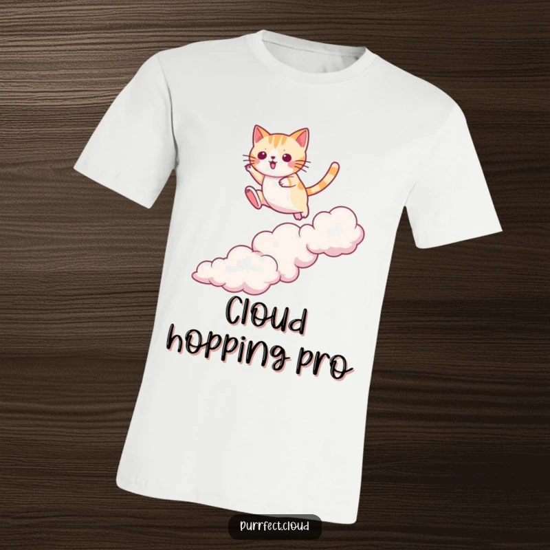 Funny cat t-shirt of a cat jumping between clouds with agility, action and determination, exciting movement, a great funny gift.