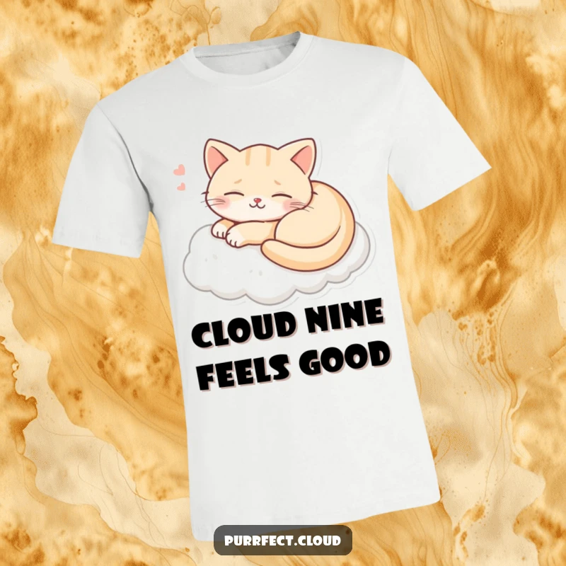 Funny t-shirt featuring a content cat smiling while dreaming on a fluffy cloud, evoking feelings of peace and happiness.
