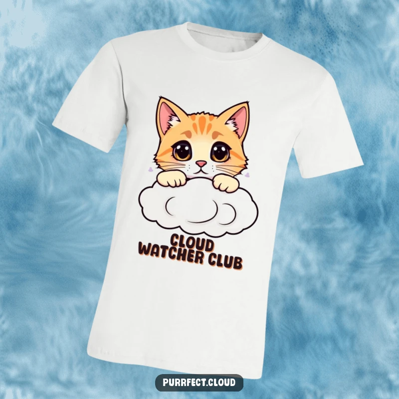 Funny cat t-shirt featuring a curious feline peeking over a cloud edge, humorously expressing wonder, ideal for cat lovers.