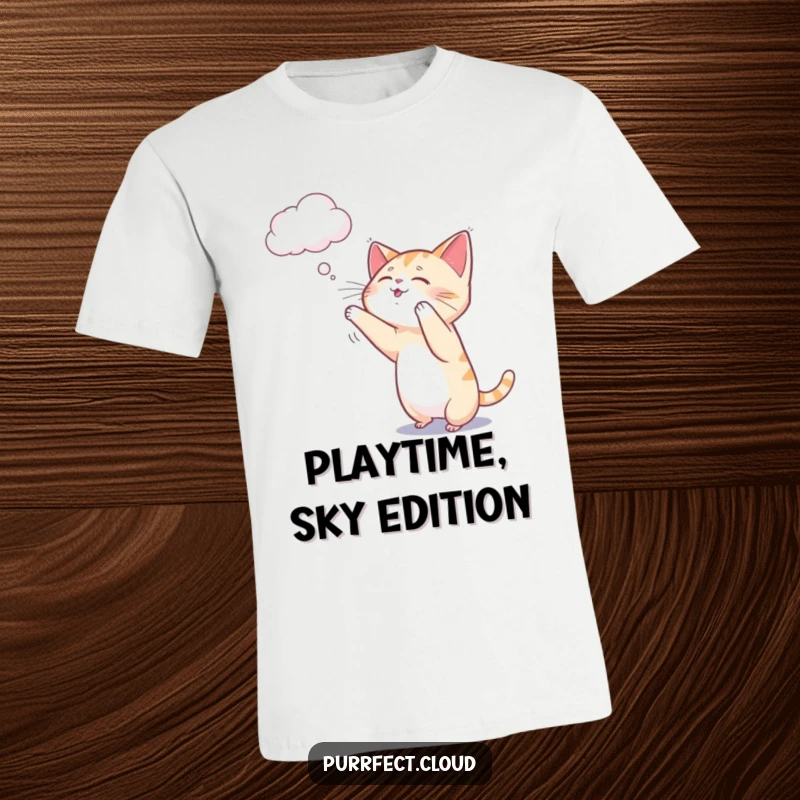 Funny cat t-shirt depicting a playful cat reaching out to bat at a small, wispy cloud.