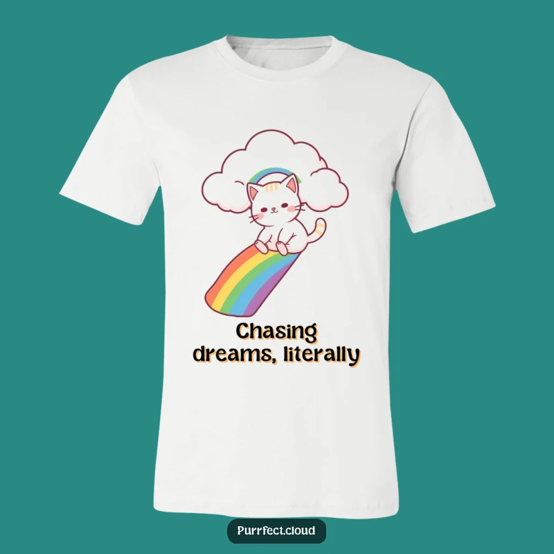 Funny Cat Rainbow Slide T-Shirt - Whimsical Cloud Adventure Tee