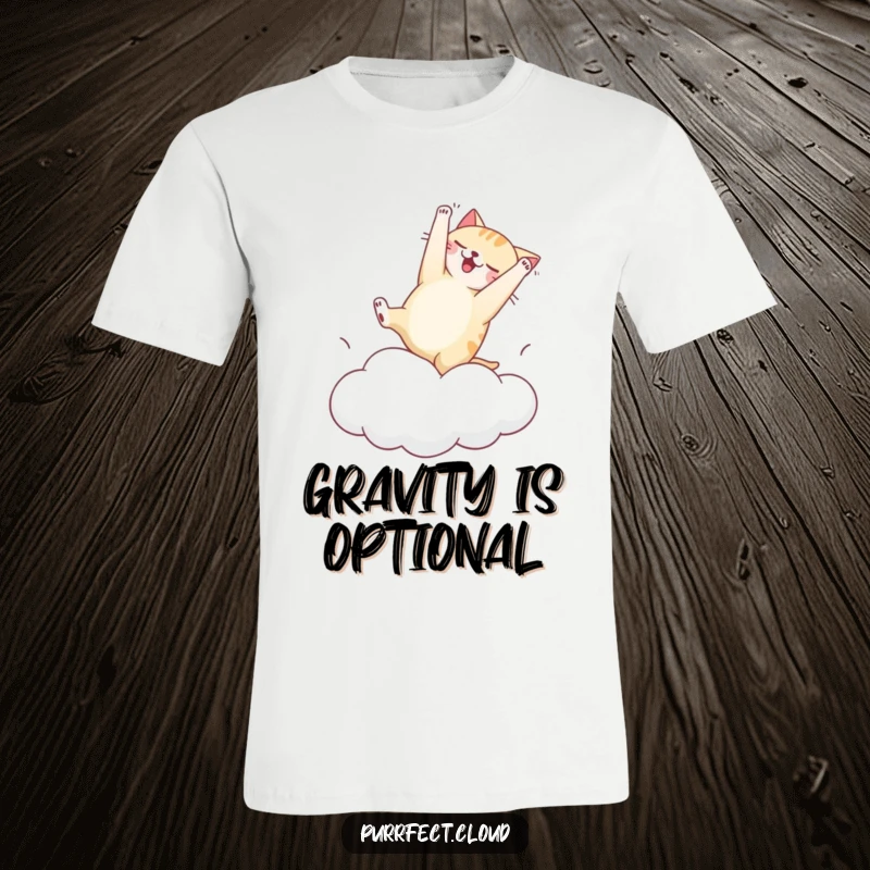 Funny t-shirt depicting a cat hilariously attempting a clumsy somersault on a soft, bouncy cloud, full of energy and humor.