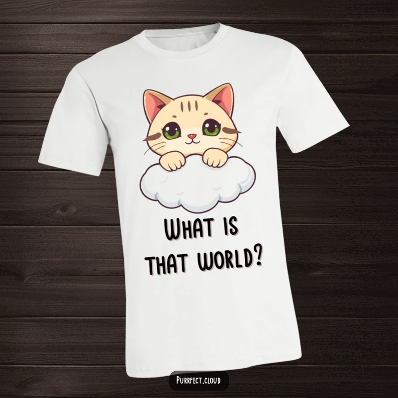 Funny cat t-shirt of a cat peeking over a cloud’s edge with curious eyes, perfect for explorers and cat lovers.