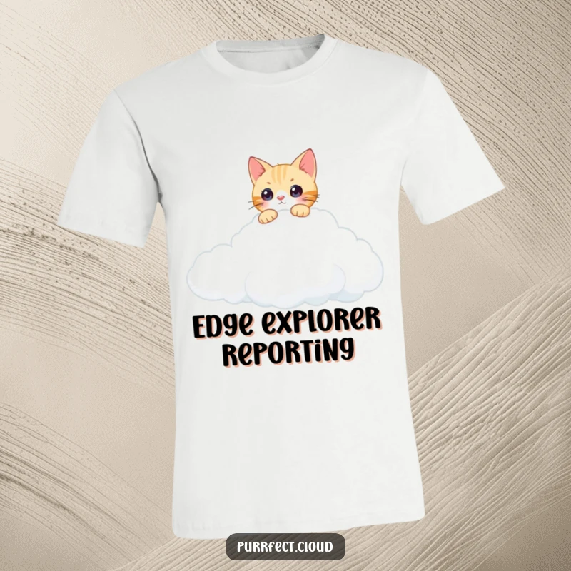 Funny curious cat cloud t-shirt showing a cat peering over the edge of a cumulus cloud, great for adventurers and cat owners.