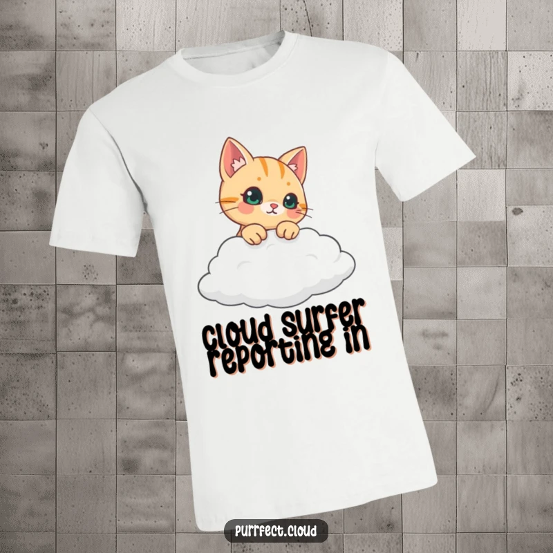 Funny curious cat peeking over a soft cloud, cute and funny t-shirt design for cat lovers, perfect gift.