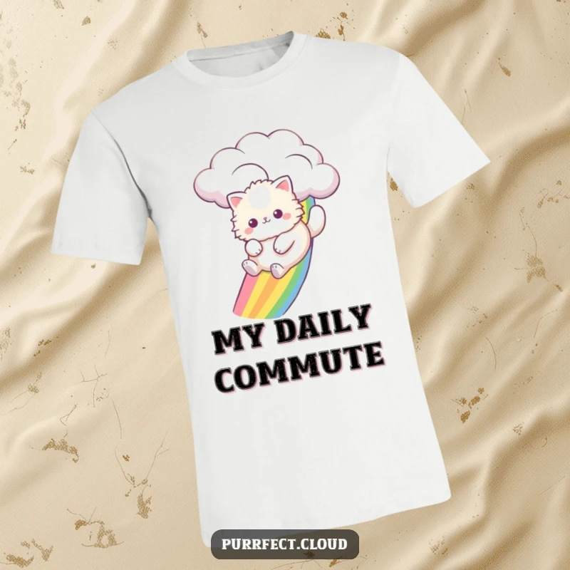 Funny fluffy cat with a big smile sliding down a bright rainbow arch from a cloud, a whimsical graphic tee.