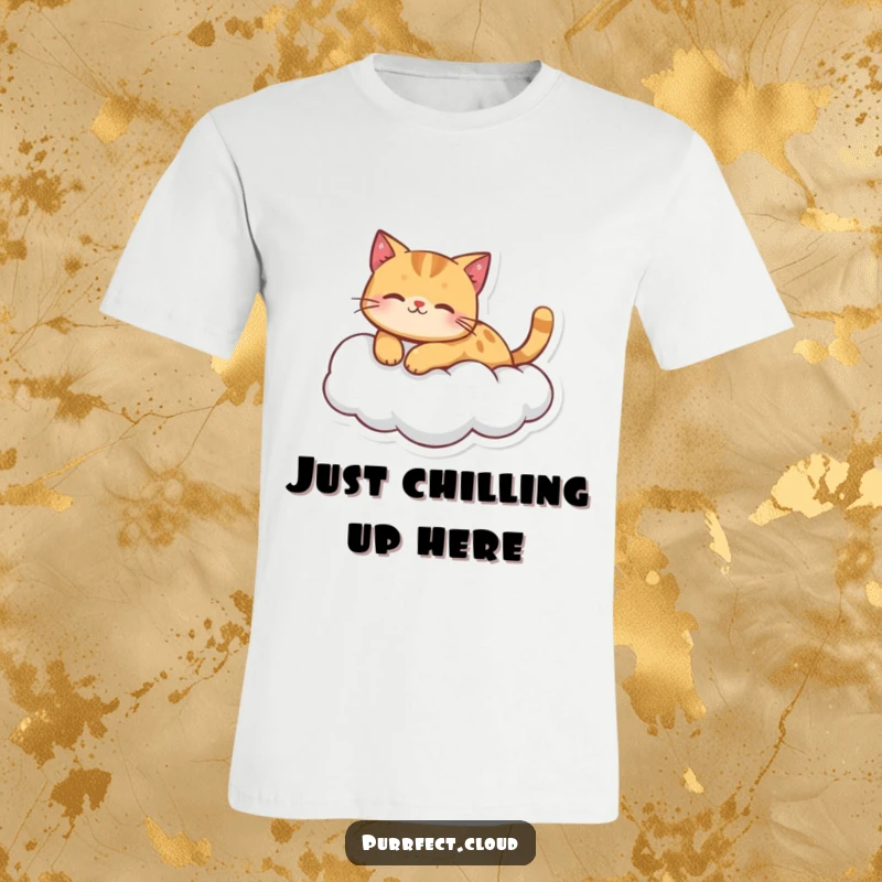 A ginger cat character peacefully floating on a soft cloud, featured on a comfortable and funny t-shirt.