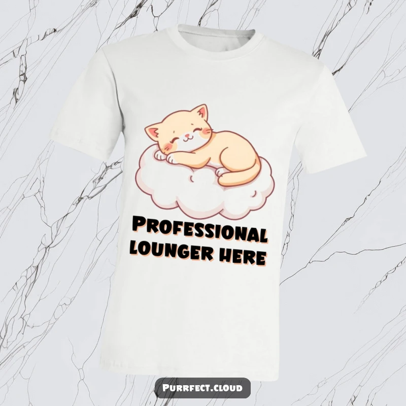 Funny cat in a lazy stretch on a fluffy cotton cloud, printed on a comfortable t-shirt, perfect humorous gift.