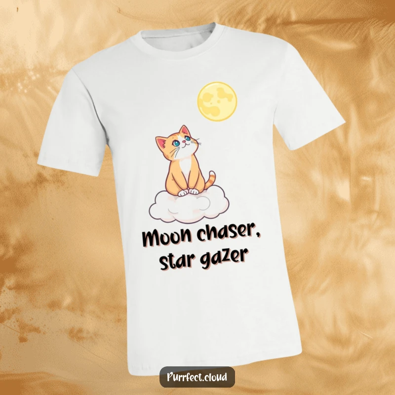 Funny t-shirt with a cat perched on a cloud, looking up at the moon, capturing a sense of wonder and nighttime magic.