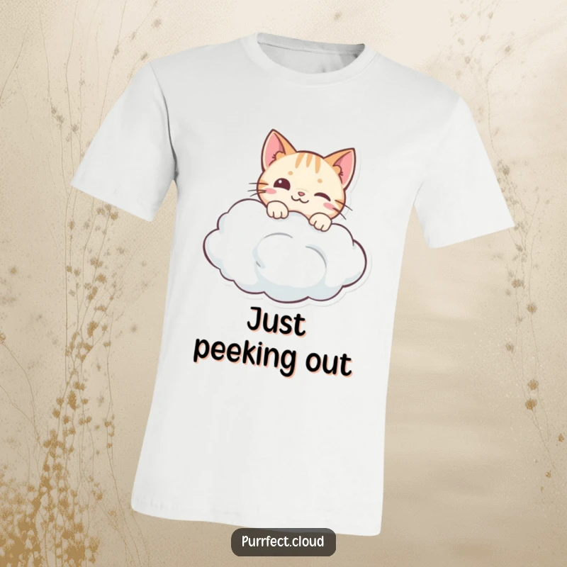 Funny t-shirt with a curious cat peeking over a soft cloud edge, looking out with wonder and playful mischief.