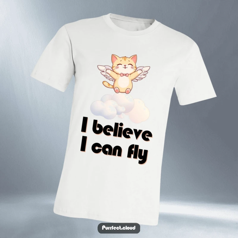 Funny angel cat t-shirt, with wings, soaring joyfully above clouds, representing freedom and whimsy, a great gift.