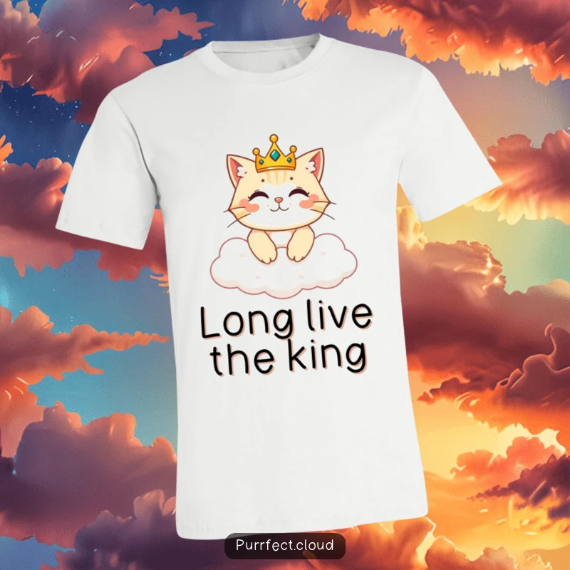 Funny t-shirt with a cat wearing a miniature crown, looking like a king reigning from a majestic cloud.