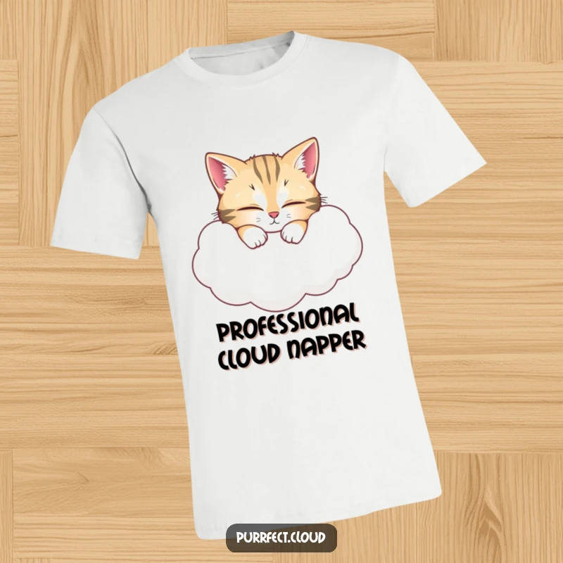 Funny Cat T-Shirt: Adorable napping cat with wide eyes resting peacefully on a fluffy cloud, offering comfort and humor. A great gift idea.