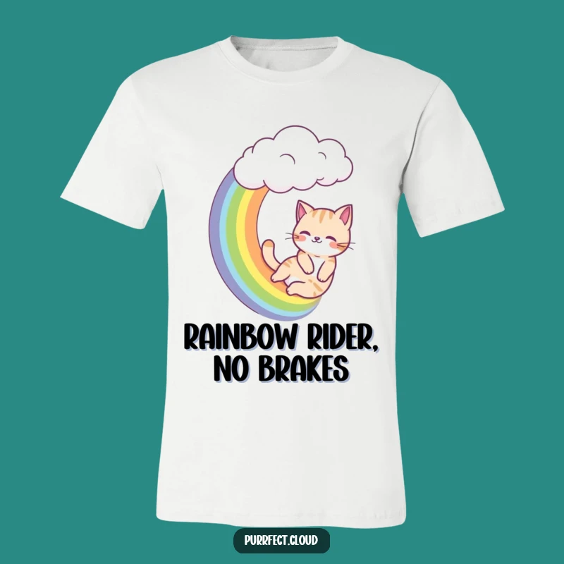 Funny Rainbow Sliding Cat T-Shirt - Playful Feline Adventure Apparel