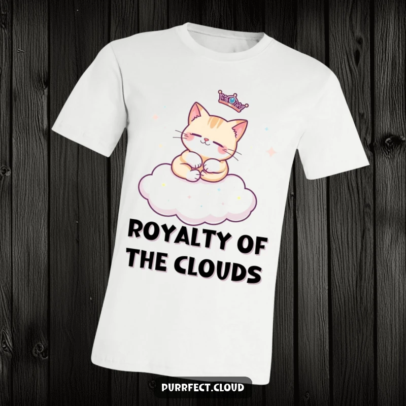 Funny regal cat t-shirt with a cat lounging regally on a cloud decorated with sparkles, a luxurious and humorous fashion statement.