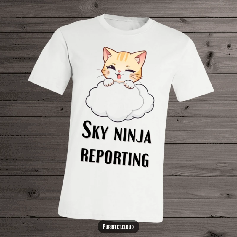 Funny cat t-shirt showing a mischievous cat leaping with playful intent towards a soft, floating cloud.