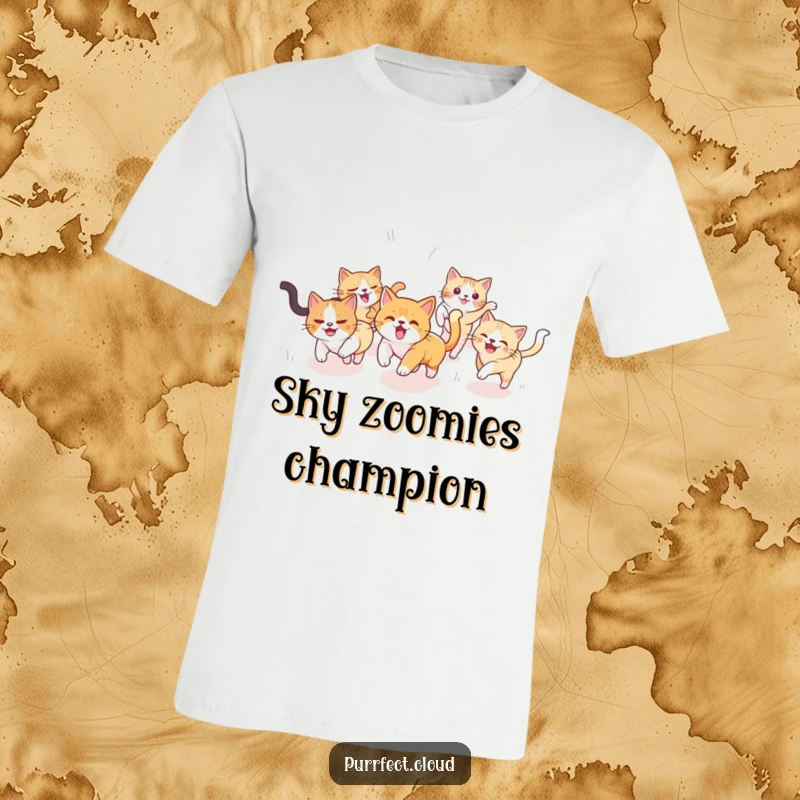 Funny Cat T-Shirt: A whimsical design of cats playfully chasing each other through a surreal, cloudy sky, perfect for casual wear and cat lovers.